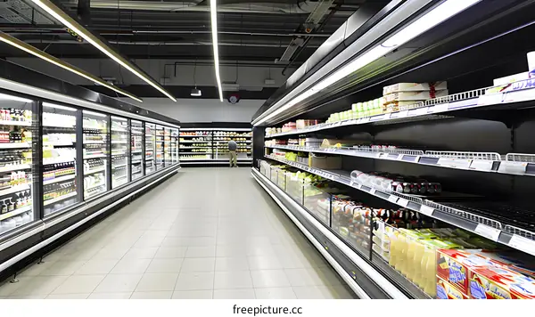 Supermarket Interior With Refrigerated Food Display