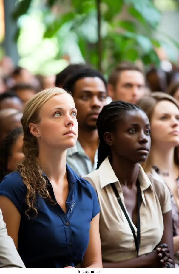 A group of people of different ethnicities are sitting in a conference room.