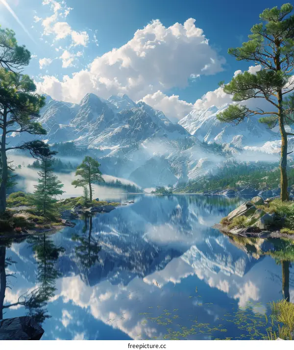 Mountains, lake and trees landscape