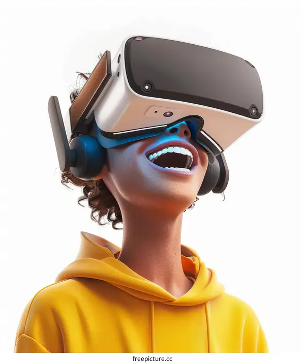 Smiling person wearing a virtual reality headset