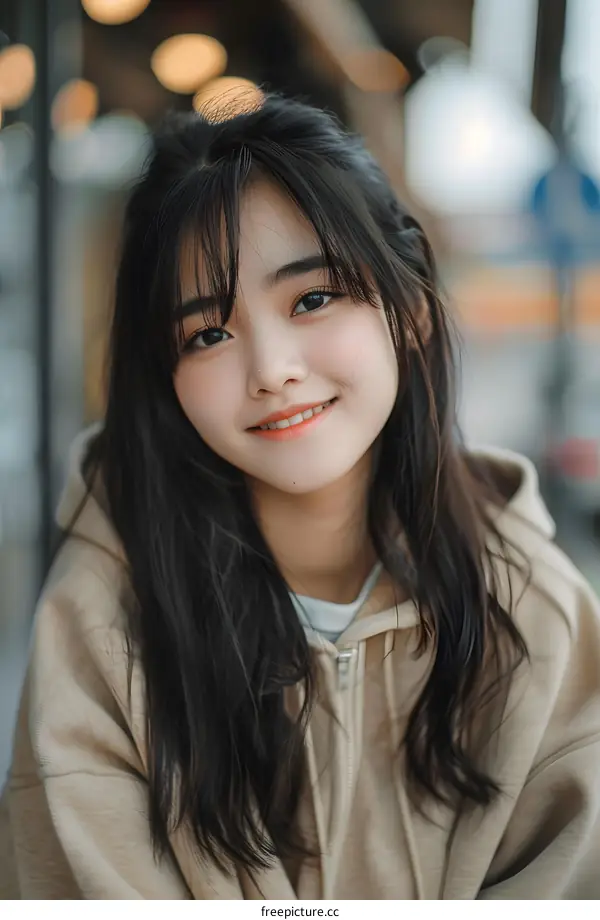Smiling Asian Woman With Long Black Hair Wearing a Beige Hoodie