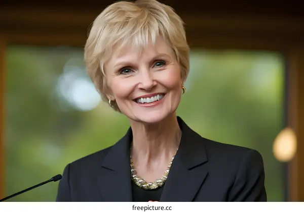 Portrait of a Woman Wearing a Black Suit and Smiling