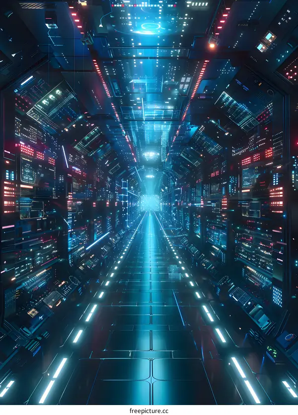 Futuristic Sci Fi Tunnel With Blue Lights And Screens