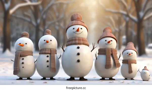 A Family of Five Snowmen in the Winter Forest