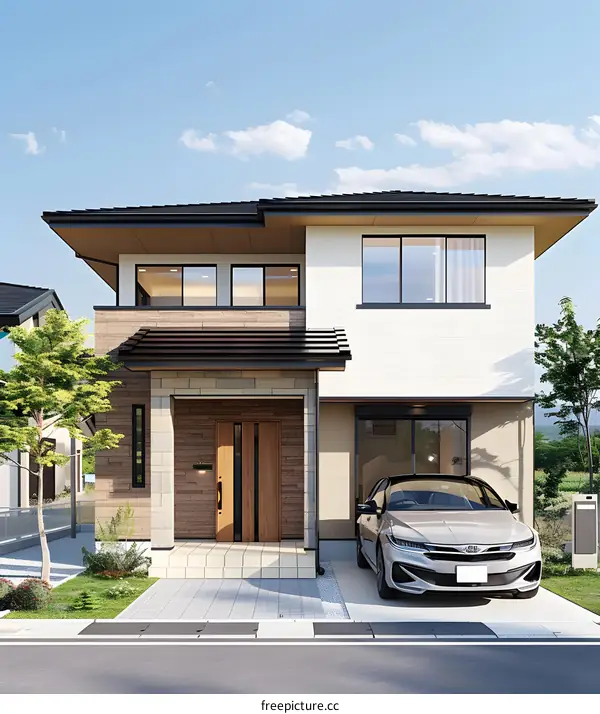 Modern Two Story House with Car in Front Yard