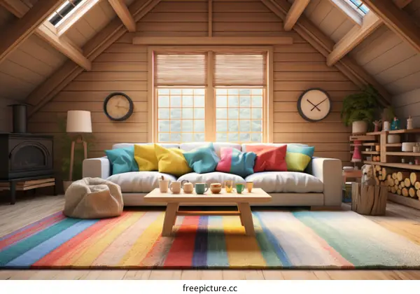 Cozy Living Room with Fireplace and Vibrant Rainbow Rug