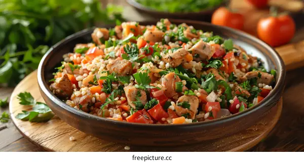 Bulgur salad with chicken, vegetables and herbs
