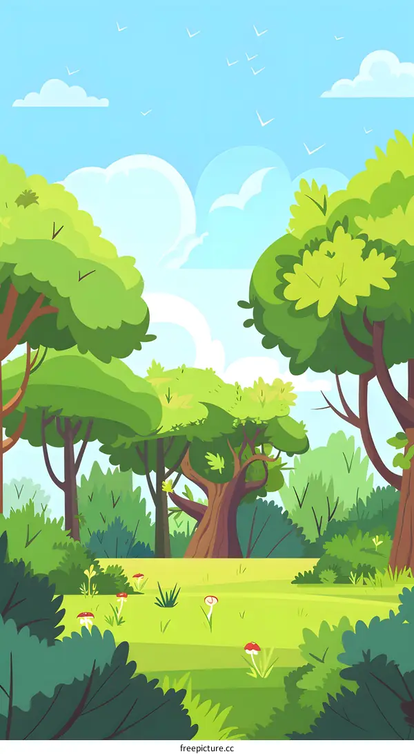 Green Forest Landscape With Lush Trees And Grass