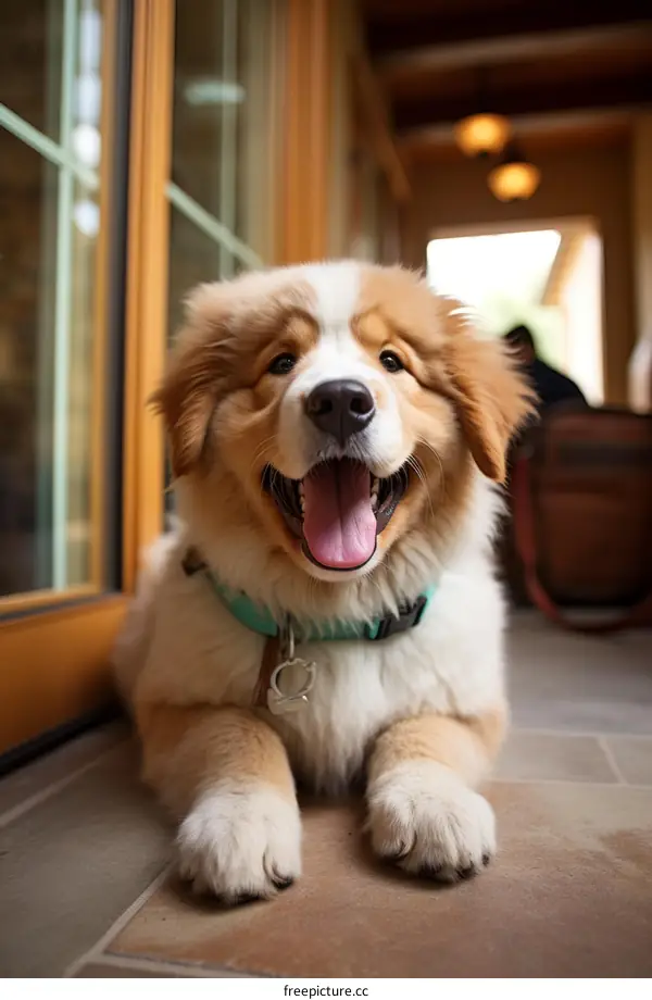 Happy Brown and White Puppy Dog with Blue Collar