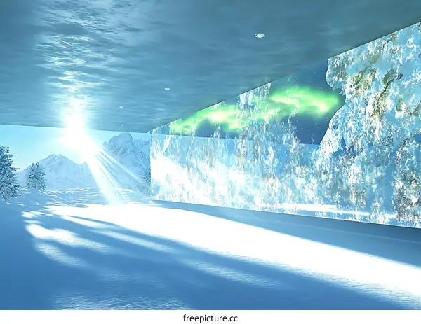 Modern Architecture Interior with Aurora Borealis