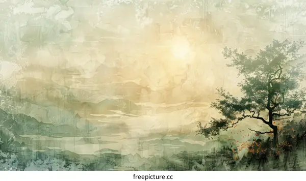 Green landscape painting with a large tree in the foreground and mountains in the background