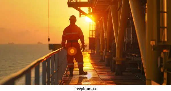 Oil and gas worker standing on an offshore platform at sunset