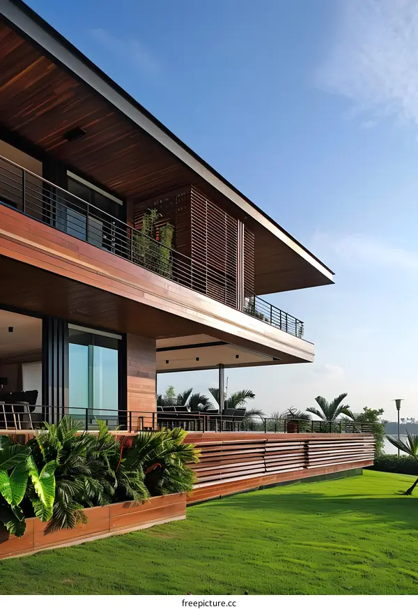 Modern Wooden House With Balcony And Grass