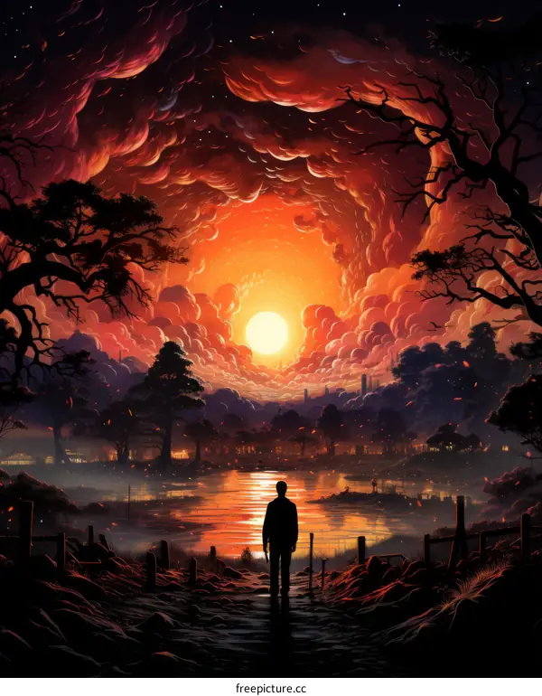 A lone figure stands in a post-apocalyptic landscape