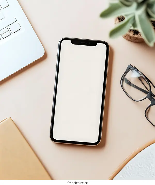 Minimalist Flat Lay with Smartphone Laptop Glasses and Plant