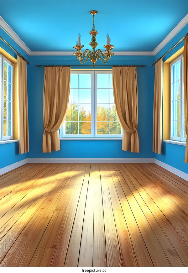 Empty Room With Wooden Floor and Chandelier