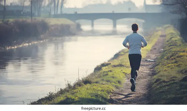 Man Running Along River Path
