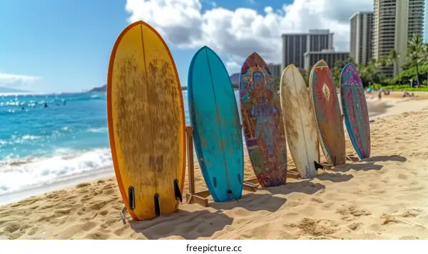 Colorful surfboards stand on the sandy beach with the ocean in the background