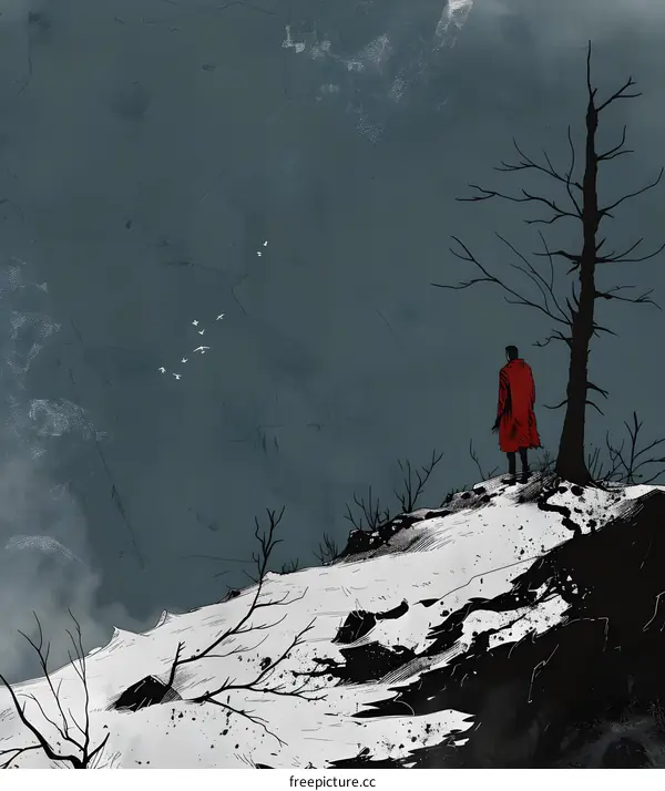 Man in Red Coat Standing on a Snowy Hilltop with a Bare Tree
