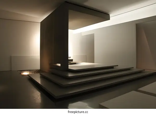 Modern Minimalist Interior Design with Concrete Steps and a Small Garden