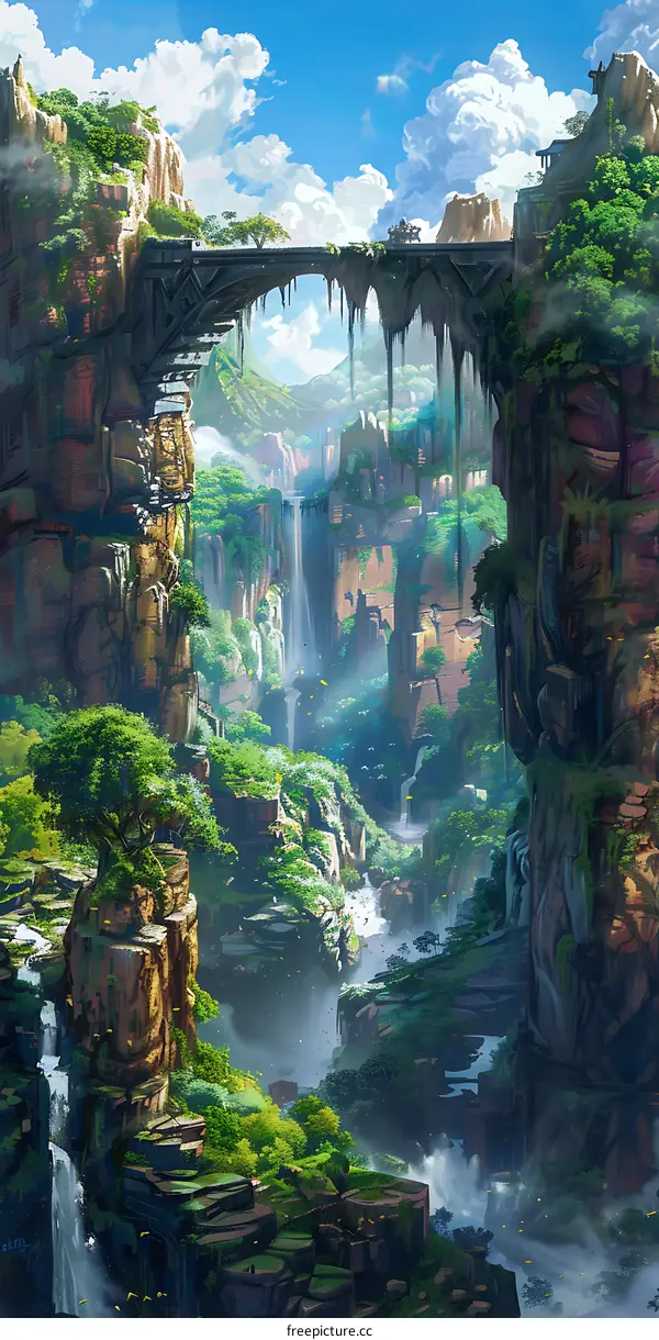 Fantasy Landscape With Waterfall Bridge