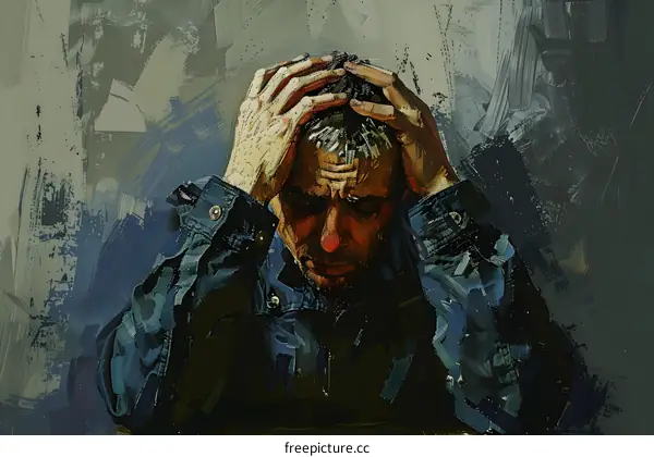 A man is holding his head in his hands and looks like he is in pain