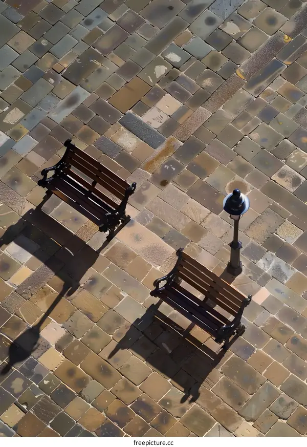 Two Benches and a Lamppost on a Stone Pavement