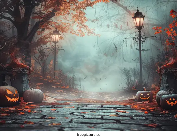 Spooky Halloween night background scene with pumpkins, street lamps, bats, trees and autumn leaves