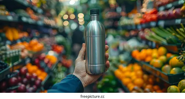 A hand holding a stainless steel water bottle in a grocery store