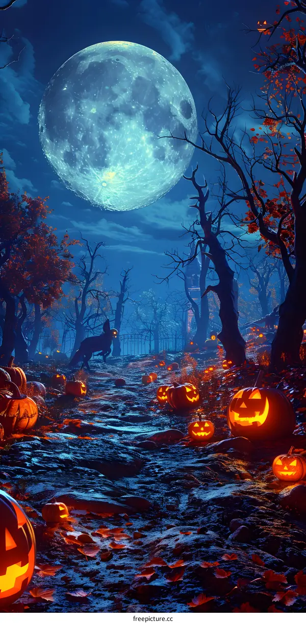 Spooky moonlit forest with pumpkins and a wolf