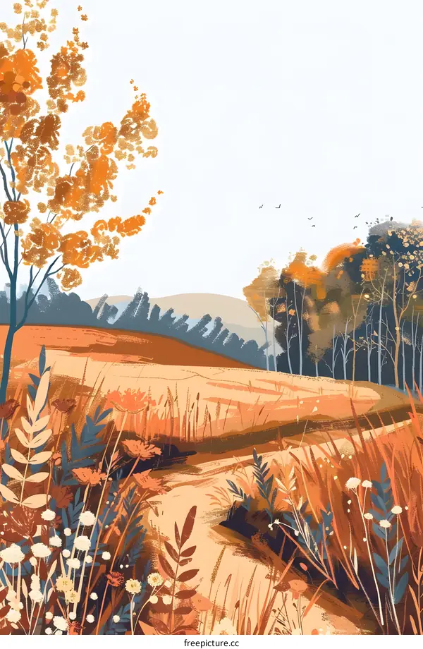 Autumn Landscape Painting with Trees and Grass