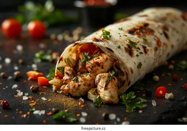 Chicken Shawarma Wrap on Black Stone Background