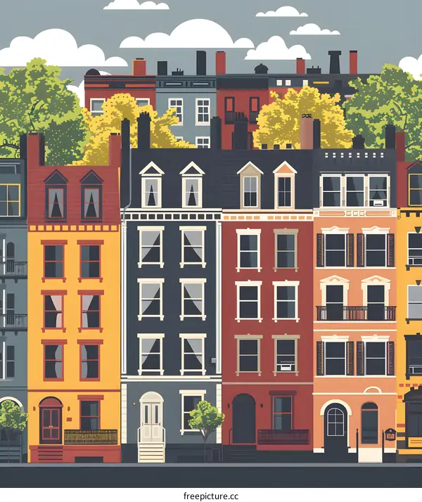 Row of Colorful Houses with Green Trees