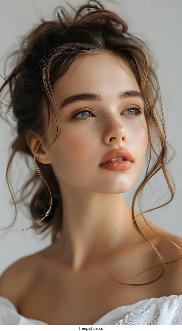 portrait of a beautiful young woman with freckles and blue eyes