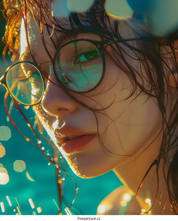 Woman with Wet Hair and Glasses Looking Away