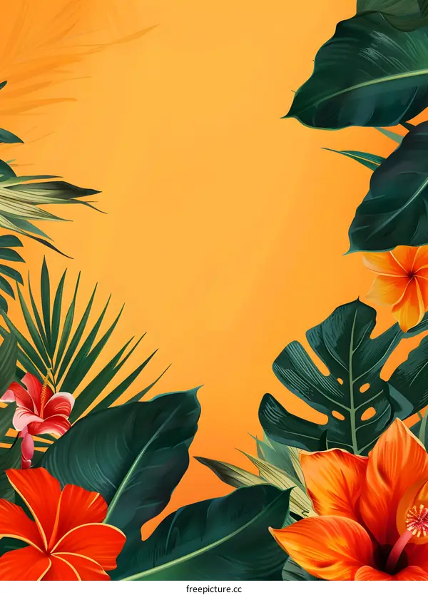 Tropical Floral Background with Orange and Red Flowers