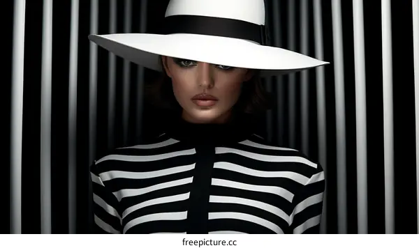 Elegant woman wearing a white hat and striped dress