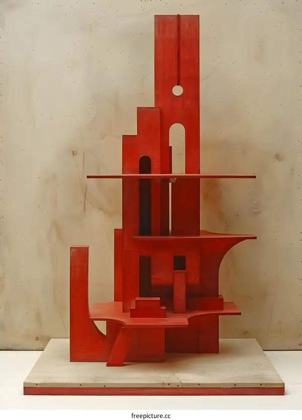 Red Wooden Model of a Modern Architecture Building