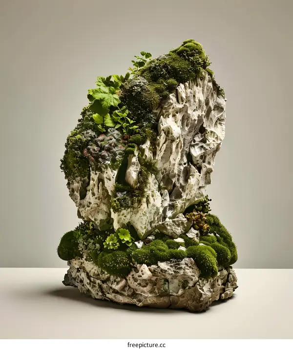 Stone with Green Moss and Plants