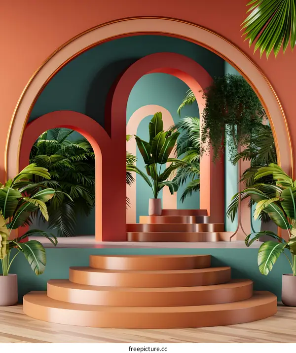 Abstract Tropical Archway with Golden Accents