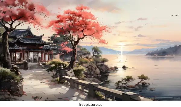 Oriental Architecture House with Cherry Blossoms by the Lake