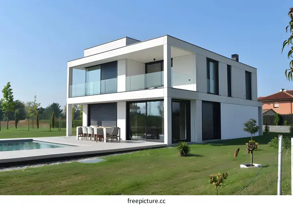 Modern White House with a Swimming Pool and a Lawn