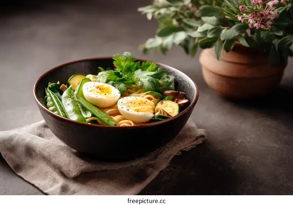 Delicious Bowl of Noodle Dish with Eggs and Vegetables