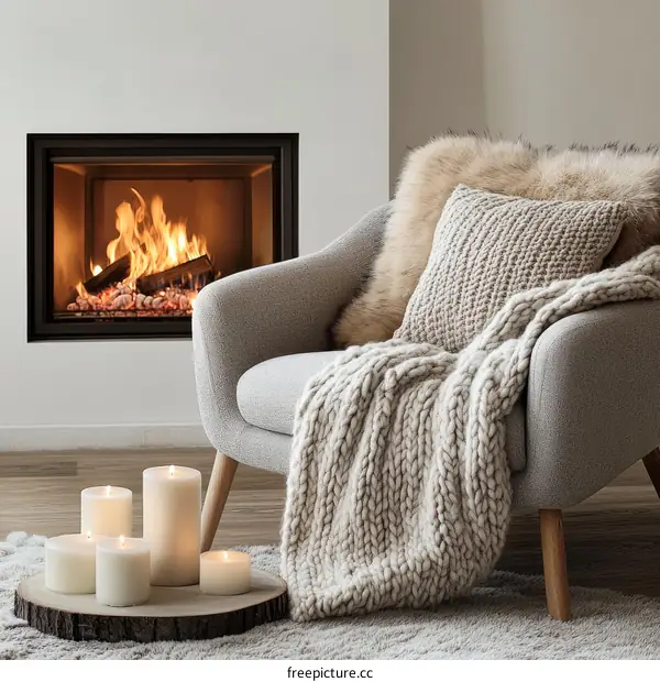 Cozy Living Room with Fireplace and Knitted Throw