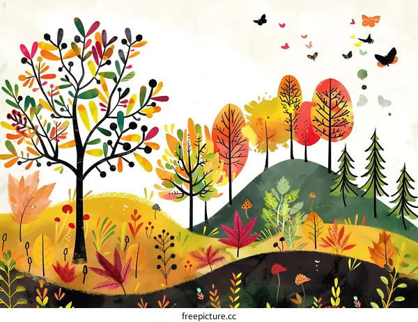 Colorful Autumn Forest with Flying Butterflies