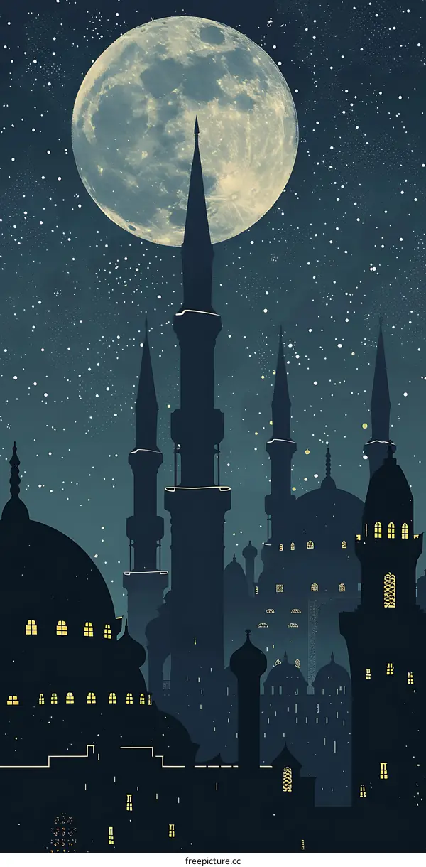 Silhouette of a Cityscape Under a Full Moon and Starry Sky