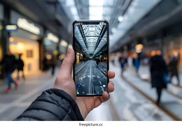 Hand Holding Phone Taking Photo Of Architecture And People