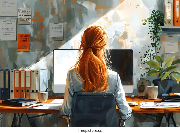 A woman sitting at her desk looking at her computer.