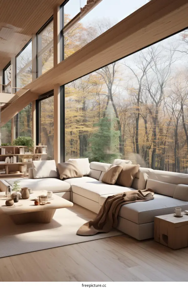 A modern living room with a large glass window looking out onto a forest