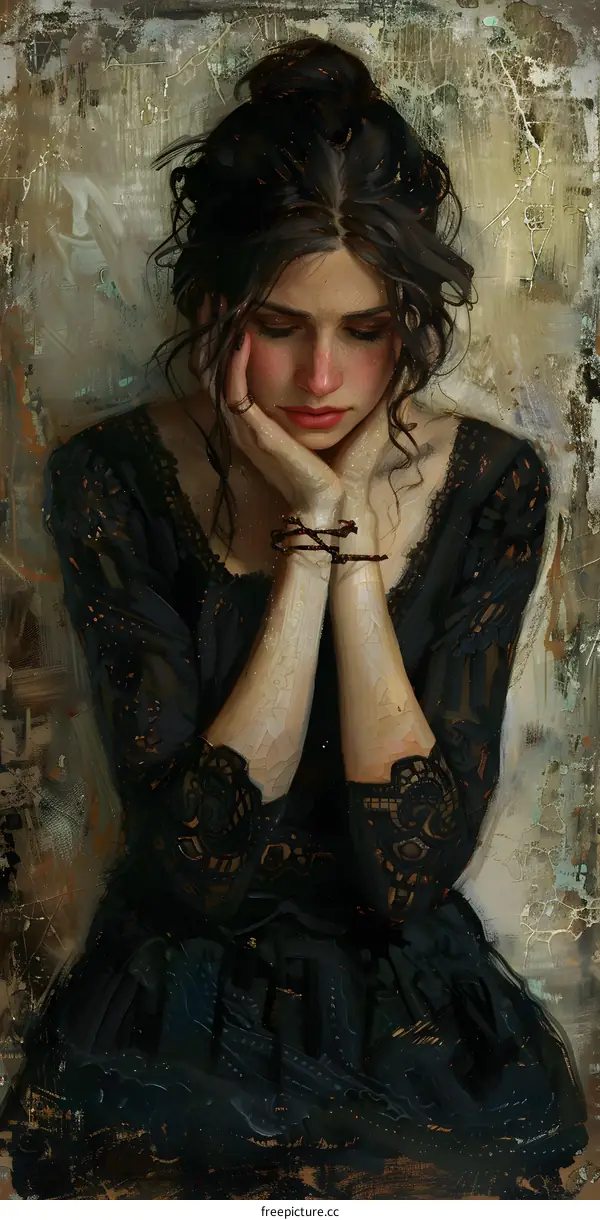 portrait of a pensive young woman with dark hair wearing a black dress with lace sleeves